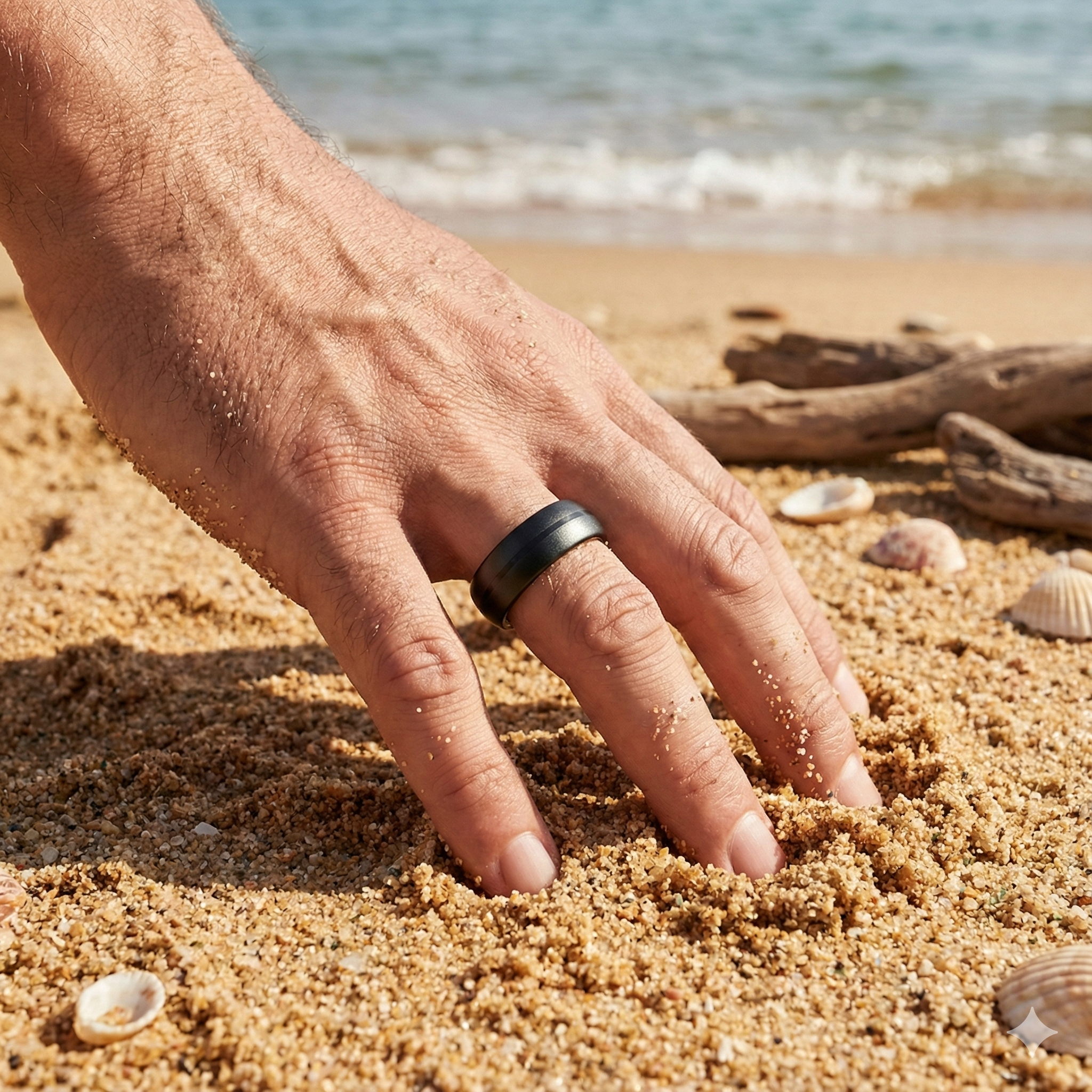 Hand im Sand am Strand mit Ring